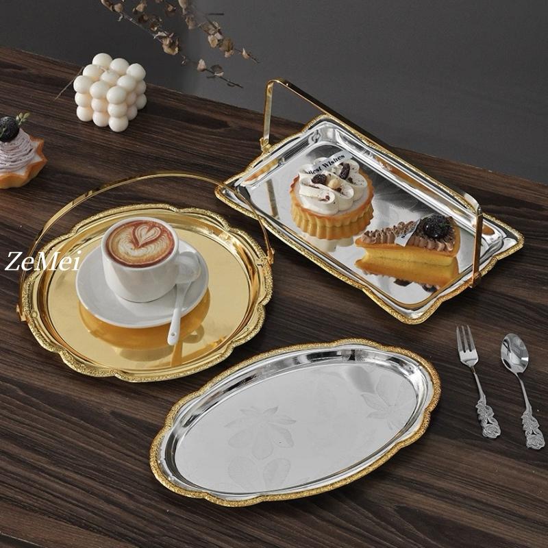 European-Style Rectangle Fruit Plate,Portable Carved Flower Texture Metal Cake Tray,28 cm Dessert Storage Snack Plate Decoration