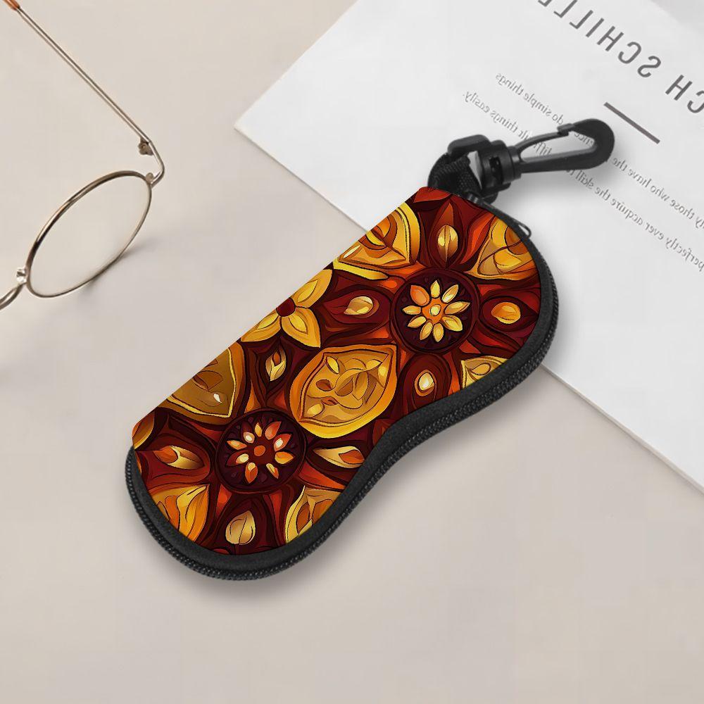 2D-Bohemian Autumn Floral Print Protective Sunglasses Case, Vintage Mandala Style Eyeglasses Storage Pouch, Portable Zipper Eyewear Organizer Box