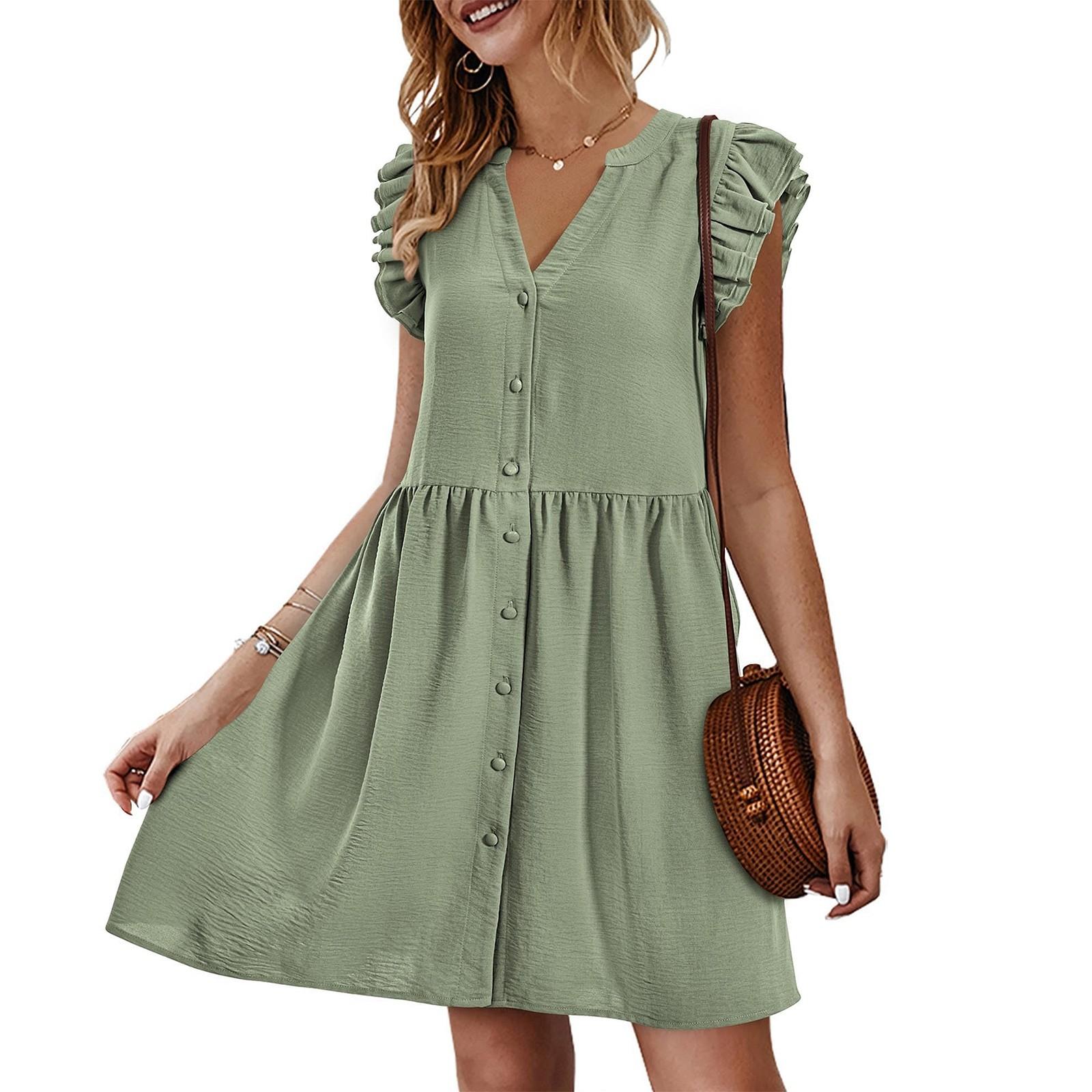 

Women s Loose V-neck Double-layer Ruffle Edge Shoulder Sleeve Color Dress L зелёный