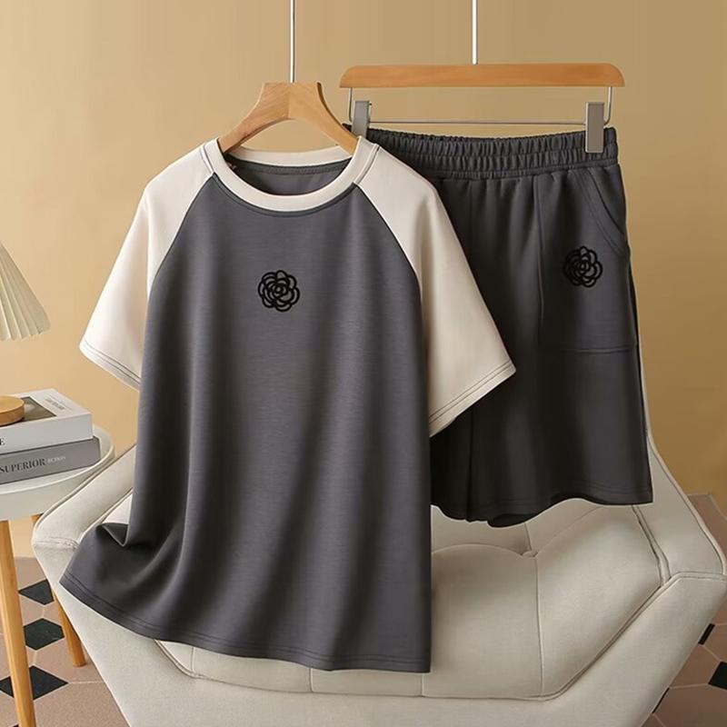 

Летняя корейская футболка с коротким рукавом и шорты в стиле Харадзюку для бега, комплект из двух предметов для молодой девушки, большой размер, цветные блоки, повседневные свободные спортивные костюмы для женщин 3XL серый