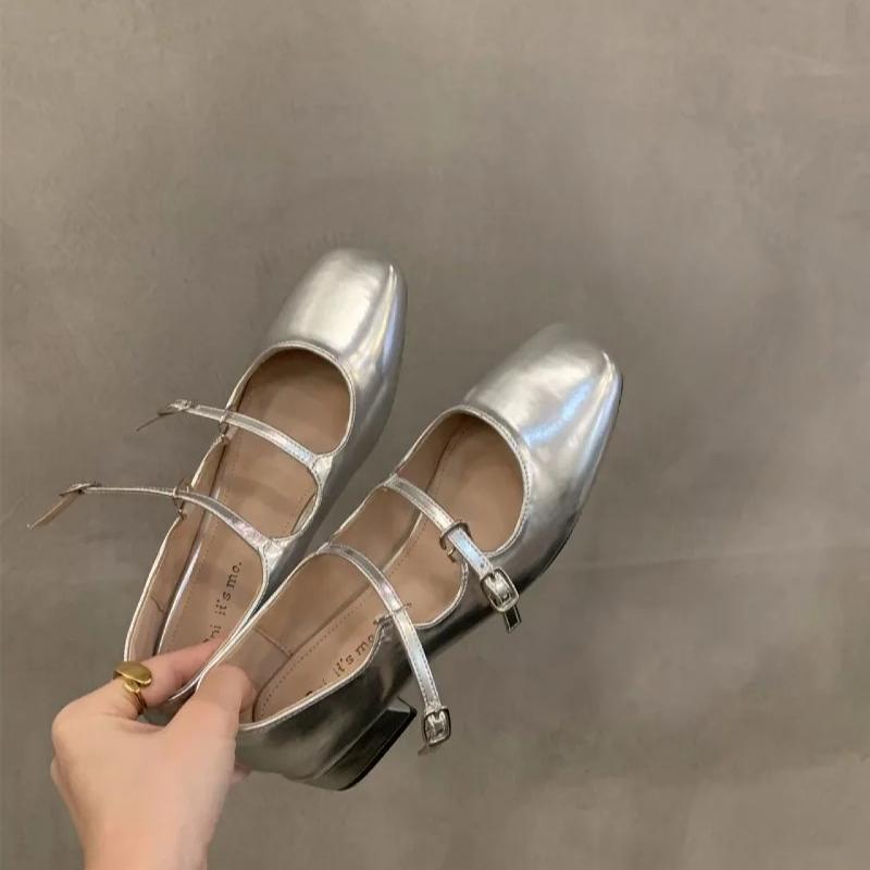 New Women Mary Jane Shoes Lady Footwear Japanese Style Lolita Low Heel Elegant Bow Leather Shoes Chunky Heel Shoes 35 серебряный