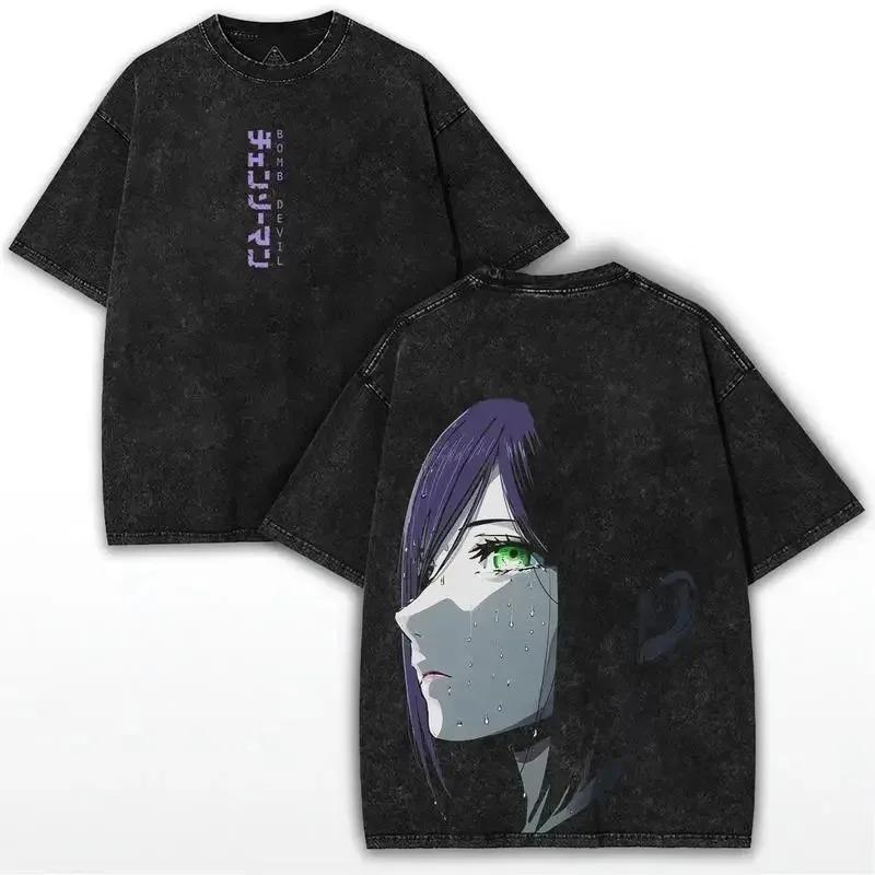 Chainsaw Man Reze (Bomben Teufel) Vintage gewaschenes Anime T-Shirt, Unisex Manga Fan Streetwear Tee, 100% Baumwolle Lässiges Kurzarm Oberteil