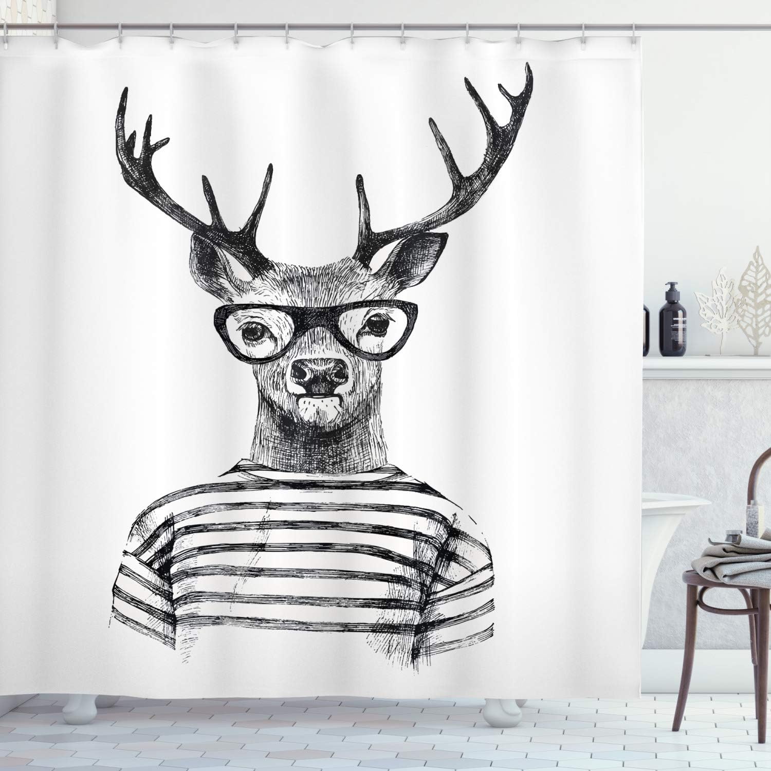 Hipster Deer Shower Curtain with Hooks – Monochrome Sketch, Glasses & Striped Shirt, Funny Animal Portrait Bathroom Decor 90x180cm35x71in