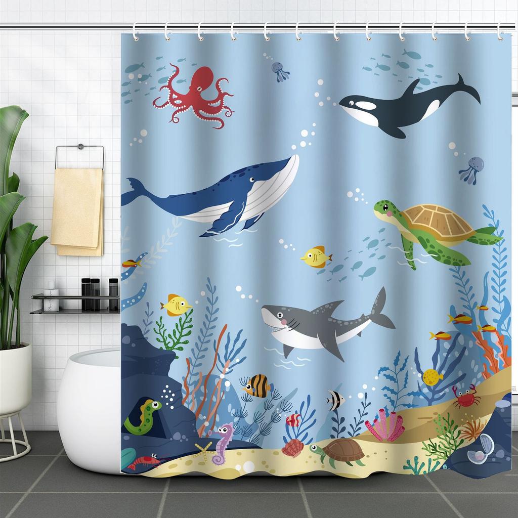 Shower Curtain Waterproof And Mildew-Proof Digital Printing Starfish Shell Shower Curtain Bathroom Partition Curtain Free Punching