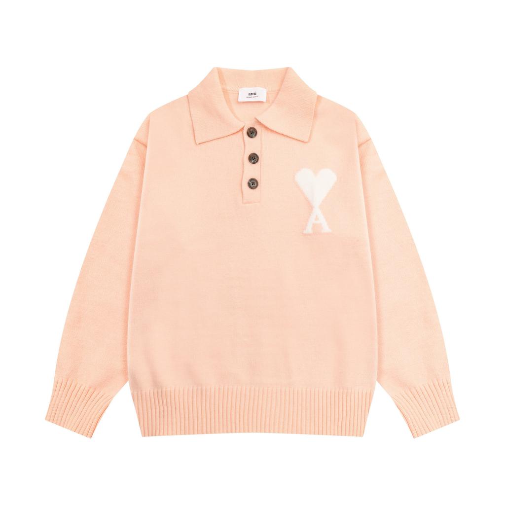 AMI White Heart-shaped Jacquard Alpaca Wool Blended Loose Sweater Polo Collar Men Pullover Sweater