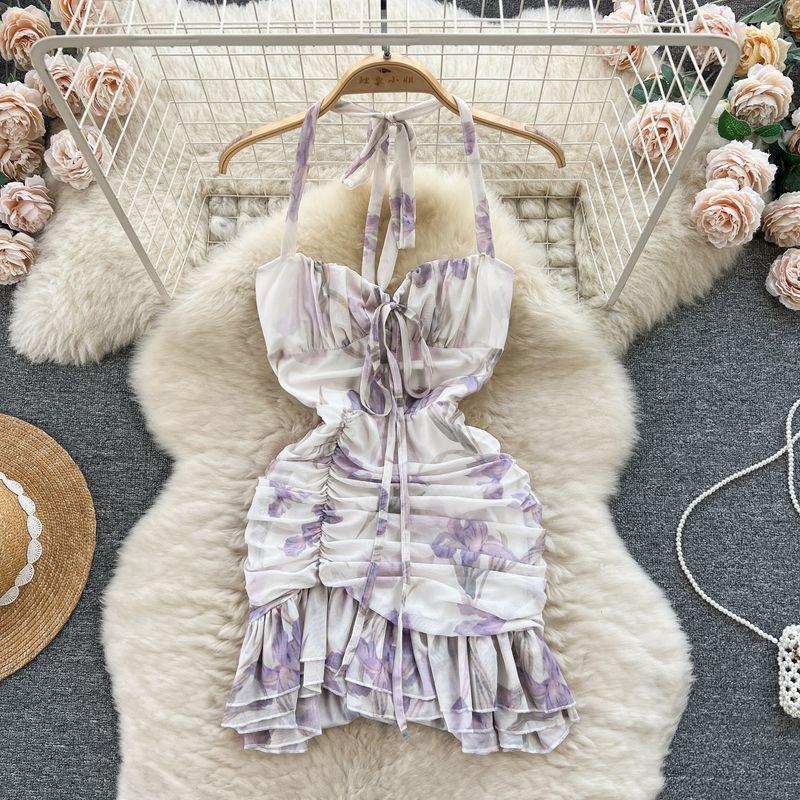 

Ruched Dress Silm Asymmetrical Chiffon Halterneck Picture color L