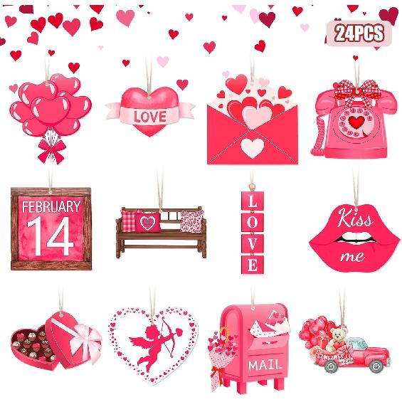Valentines Day Tree Ornaments 24Pcs Pink Hearts Love Truck Sweet Wooden Tree Ornaments Happy Valentine s Day Cute Hanging Decorations for Indoor Home
