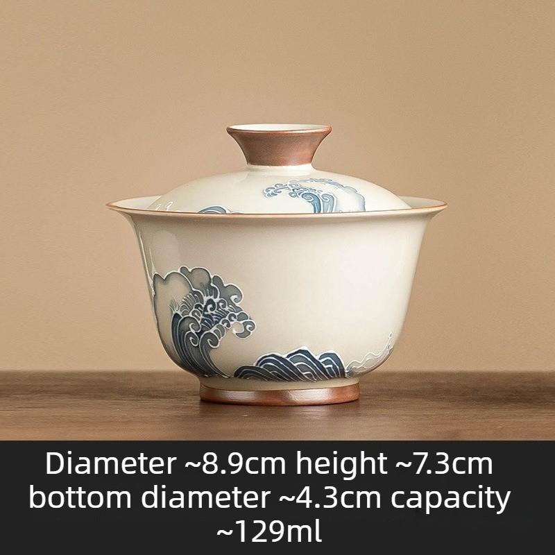 Hand Painted Ceramic Gongfu Tea Gaiwan Stack Carving Wave Design Covered Bowl for Chinese Tea Ceremony