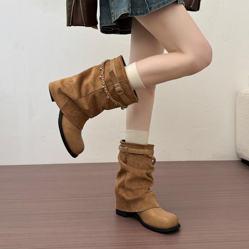 Autumn and winter knight boots handsome versatile retro style belt buckle medium and short boots and new locomotive boots pile boots women