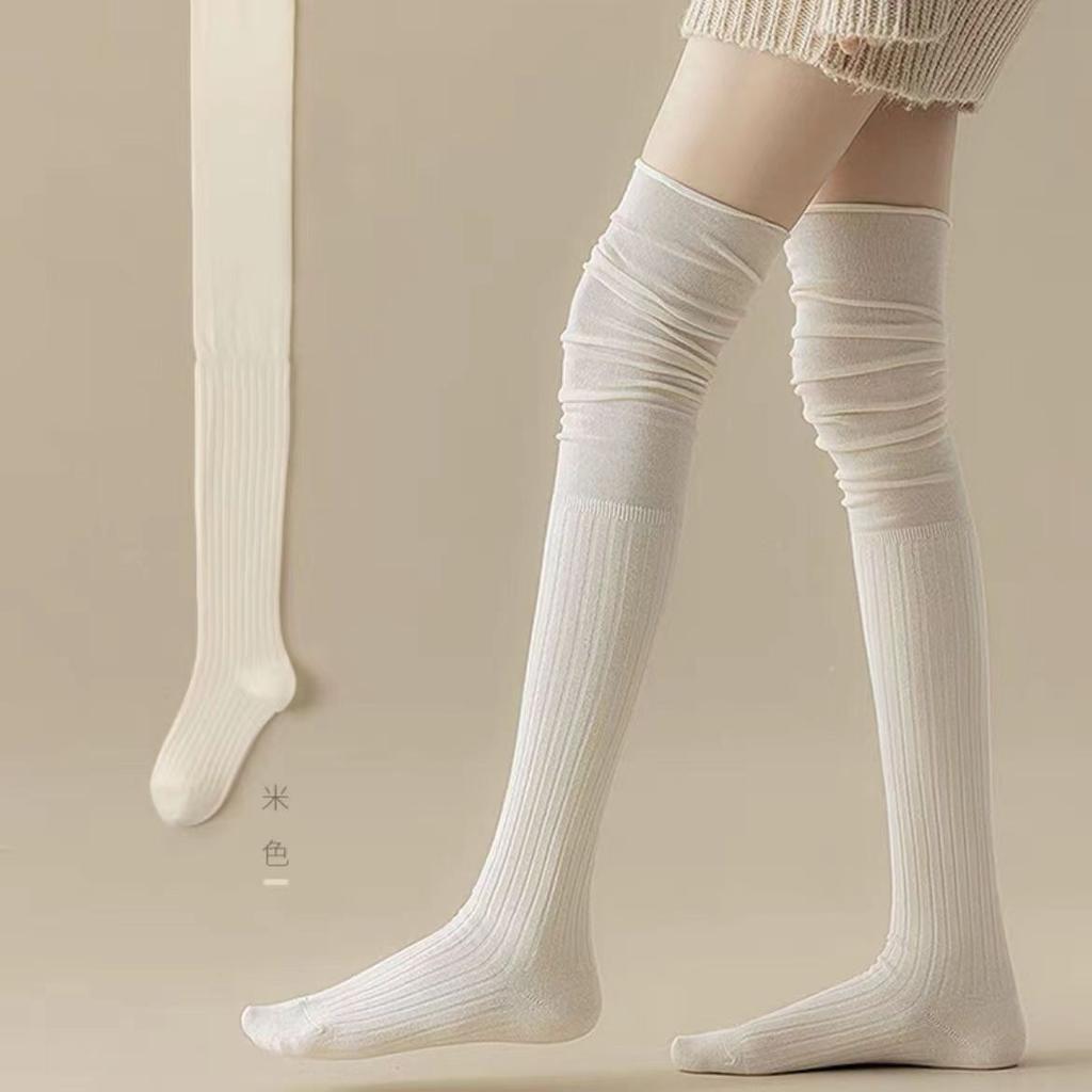 Schoolgirl Inspired White Over Knee Stacked Long Socks Women Spring Thigh High with Boot Splicing Design Knee Protection