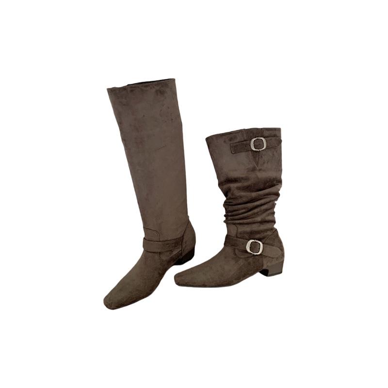 European and American style tall and thin, wrinkled piled boots, new square head thick heel belt buckle, one pedal knight boots women