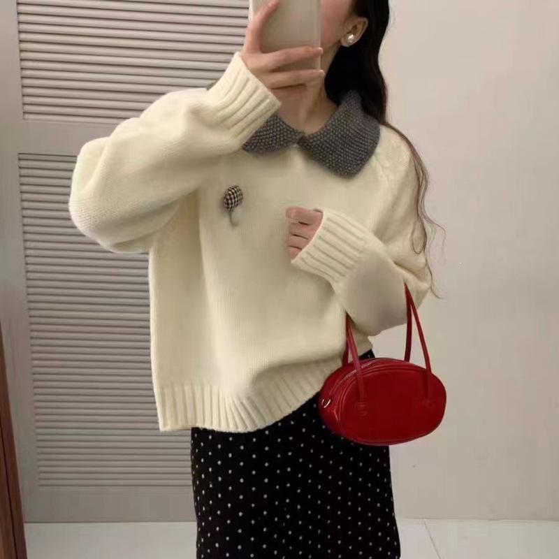 Sweet Doll Collar Knit Sweater: Fake Two-Piece Long-Sleeve Top