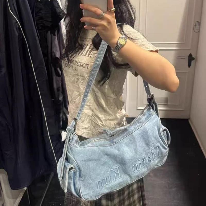 Vintage Washed Denim Crossbody Bag With Embroidered Letters Frayed Edge Medium Capacity Casual Travel Shoulder