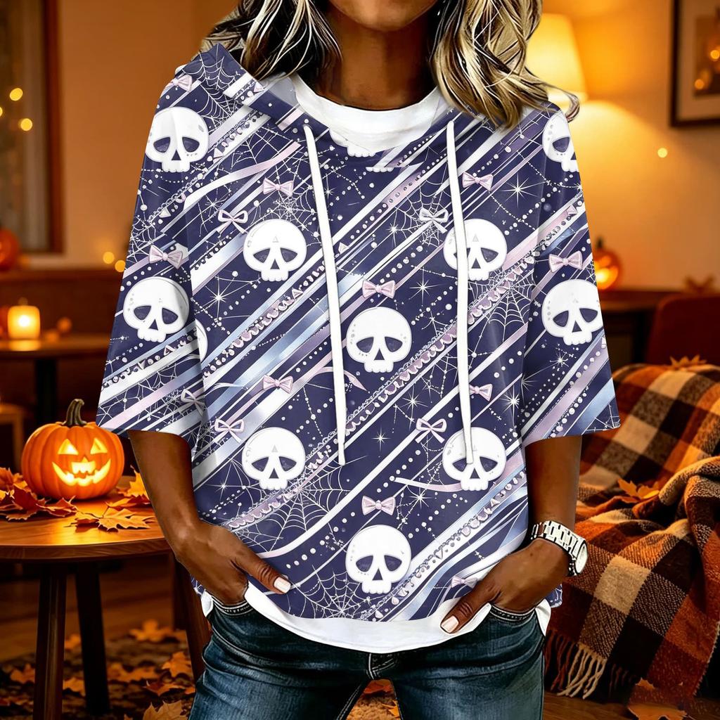 Women's Halloween Print Casual Loose Fit Hooded Top with and Three-Quarter Sleeves