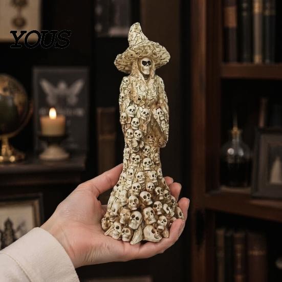 Halloween Skull Witch Statue Skeleton Resin Figurine, Gothic Statue, Spooky Outdoor Haunted House Prop Fantasy Ornament for Desk, Shelf,
