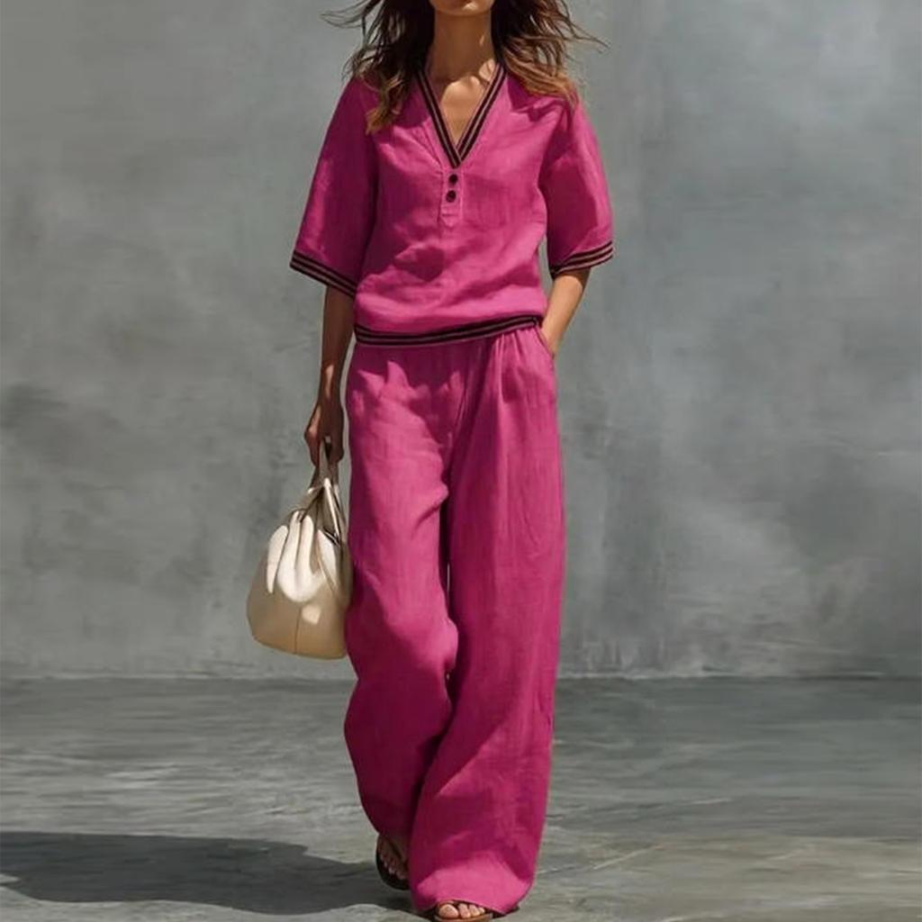 Damen Freizeit Zweiteiler V-Ausschnitt Kurzarm Top und Weite Hosen Lounge Outfit Leichter Bequemer Stoff Stilvolles Design