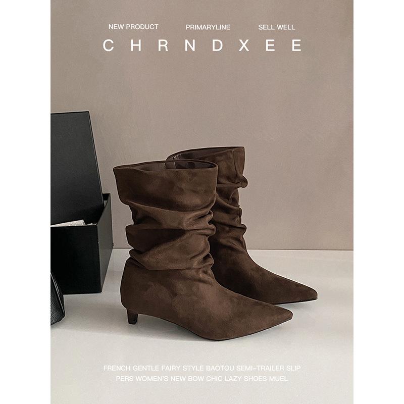 Cowhide Version~ French Temperament Kitten and Short Boots Femininity Thin Pointed Pile Boots Suede Thin Heel Thin Boots