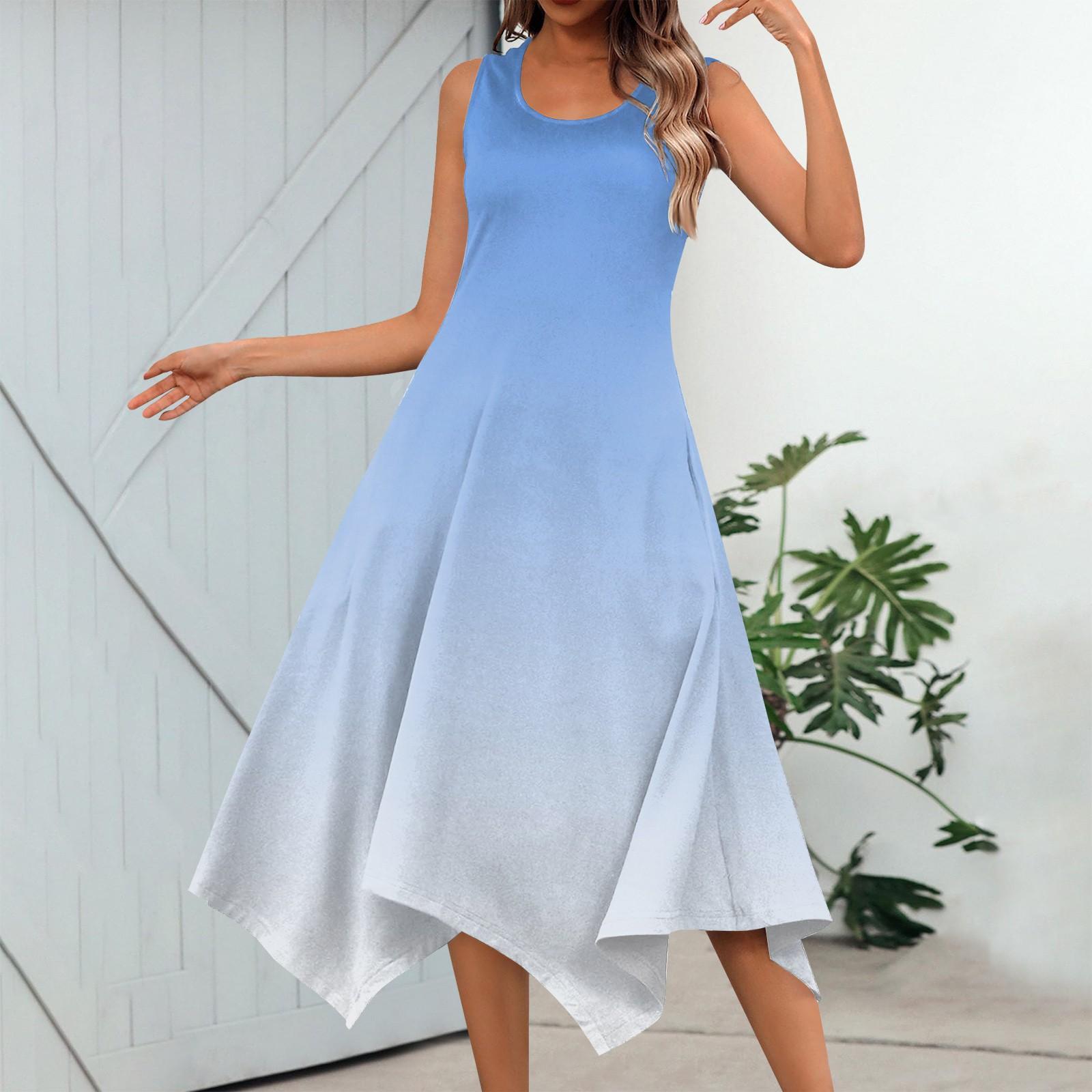 Женское повседневное модное платье миди без рукавов с круглым вырезом и нерегулярным — фото 10