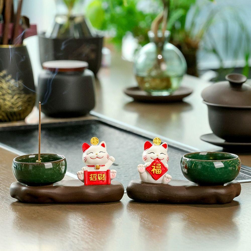 Gift Creative Lucky Cat Incense Burner Chinese Style Ceramic Aromatherapy Base Cute Zen-like Tea Table Oraments Offices