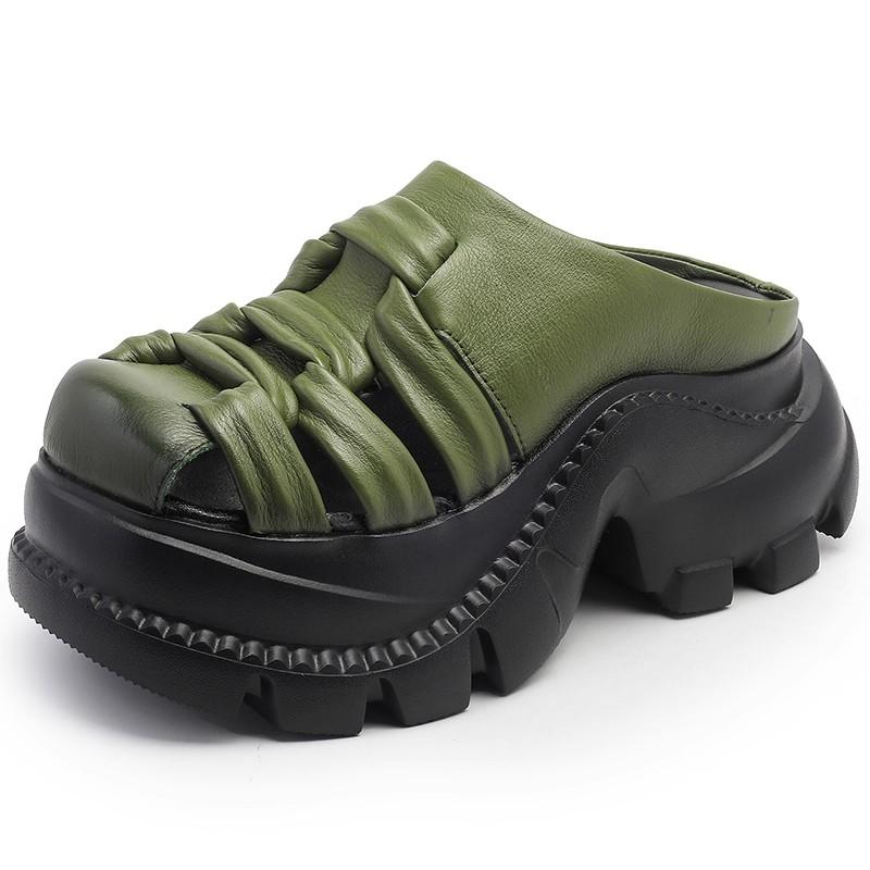 Fashion GKTINOO 2025 Summer New Retro Height Increasing Genuine Leather Slippers Hollow Out Lightweight Women's Platform Shoes