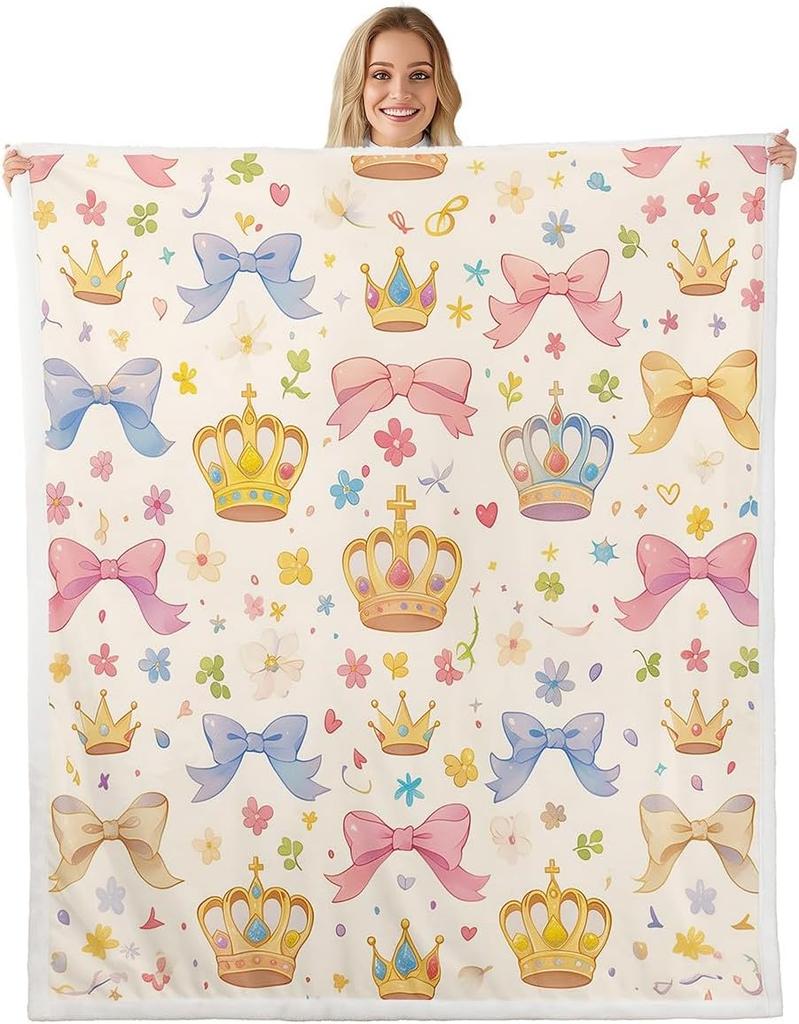 Blue Bow Pattern Blanket Soft Fleece Throw Elegant Home Decor Gift for Women Girls Bedroom Bedding Cover