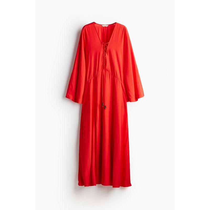 

HM Women s Dress Autumn Red V-neck Slightly Glossy Shoelace Kraft Tan Dress 1237873 Bright red 155/80