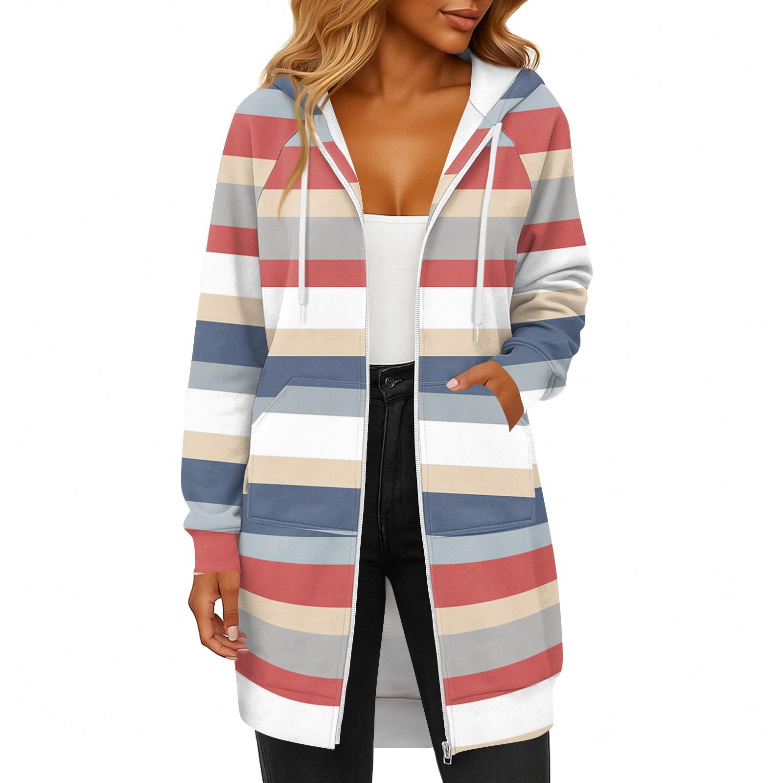 

Женская модная полосатая с принтом толстовка с длинным рукавом, капюшоном на шнурке, карманом на молнии, длинная повседневная куртка-свитшот L розовый