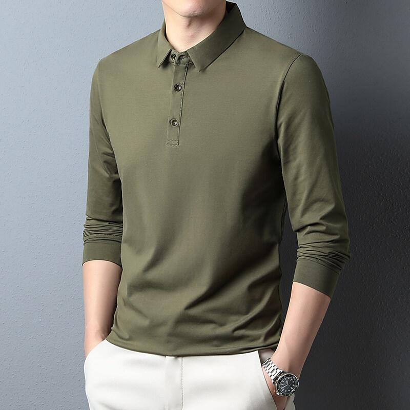 

Весна Осень Мужские 95% Хлопок Рубашки Поло Длинный Рукав Однотонный Отложной Воротник Смарт Повседневный Поло Мужские Slim Fit Футболки Топы L армия зеленый