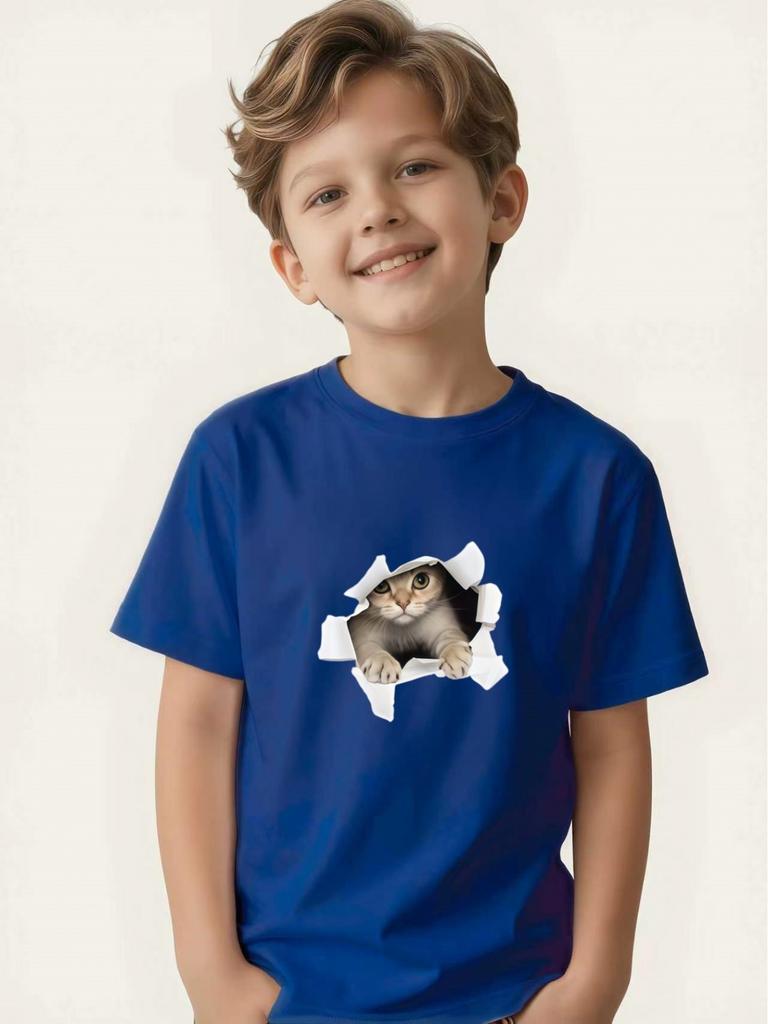 Boy's Simulated Cat Print Round Neck Short-sleeved Children's Summer Skin-friendly