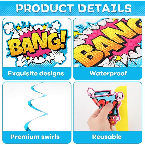 27pcs Super Theme Party Decorations Set Hero Birthday Banner Hanging Swirls and Honeycomb Centerpieces Fun Hero Theme Party Decor for Boys Girls Kids