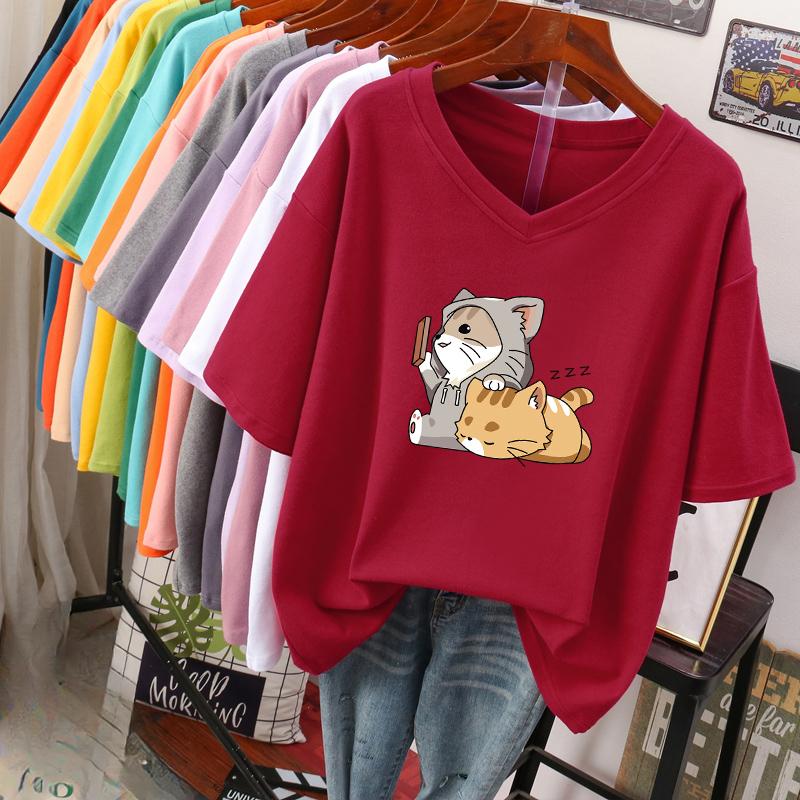 

Футболка с коротким рукавом, Свободного кроя, Приталенный топ с V-образным вырезом с принтом для женщин 5XL