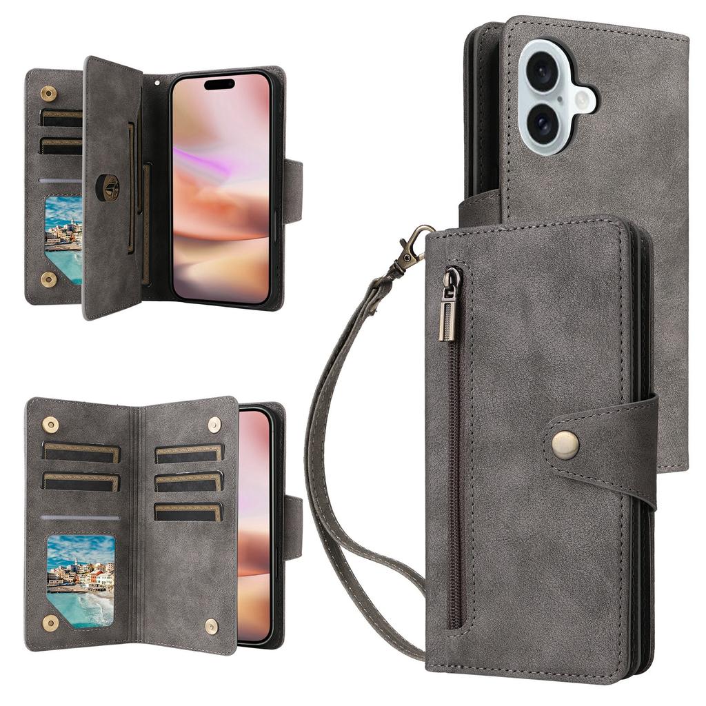 For iPhone 17 Case Zipper Wallet Rivet Decor Leather Phone Cover with Wrist Strap
