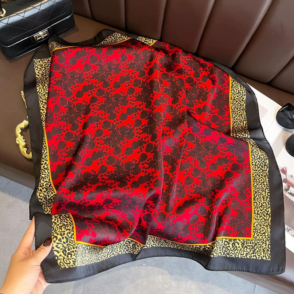 71Cm imitation silk small square scarf burgundy baroque pattern silk scarf versatile professional scarf spring and summer decorative scarf