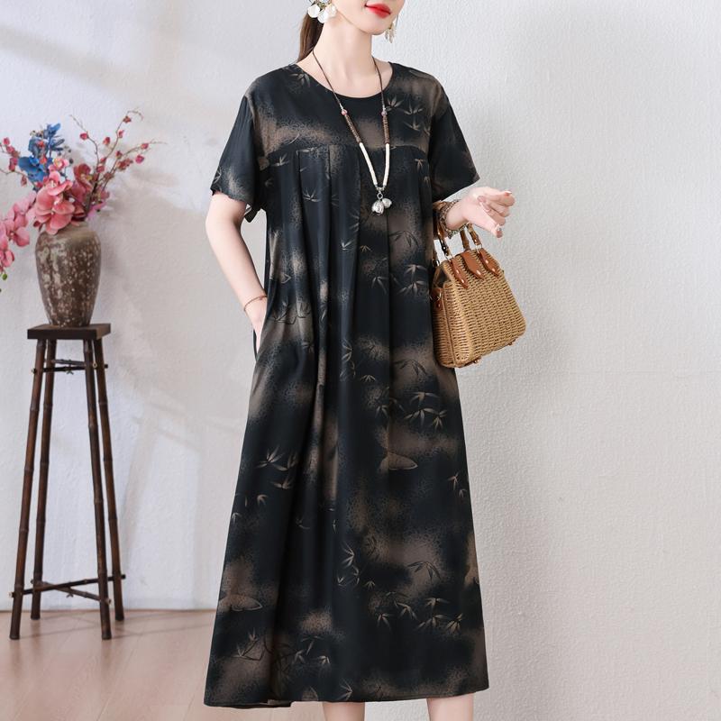 Plus Size Loose Vintage Print Langes Kleid für Damen Lässige Kurzarm-Sommer-Damenkleider