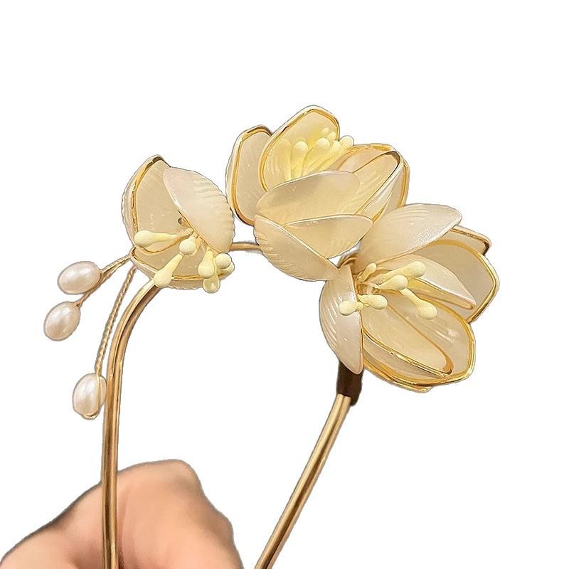 Nieuwe Chinese Magnolia U-vormige haarspeld, high-end antieke metalen haarspeld accessoires, hoofddeksels, haaraccessoires, parels.