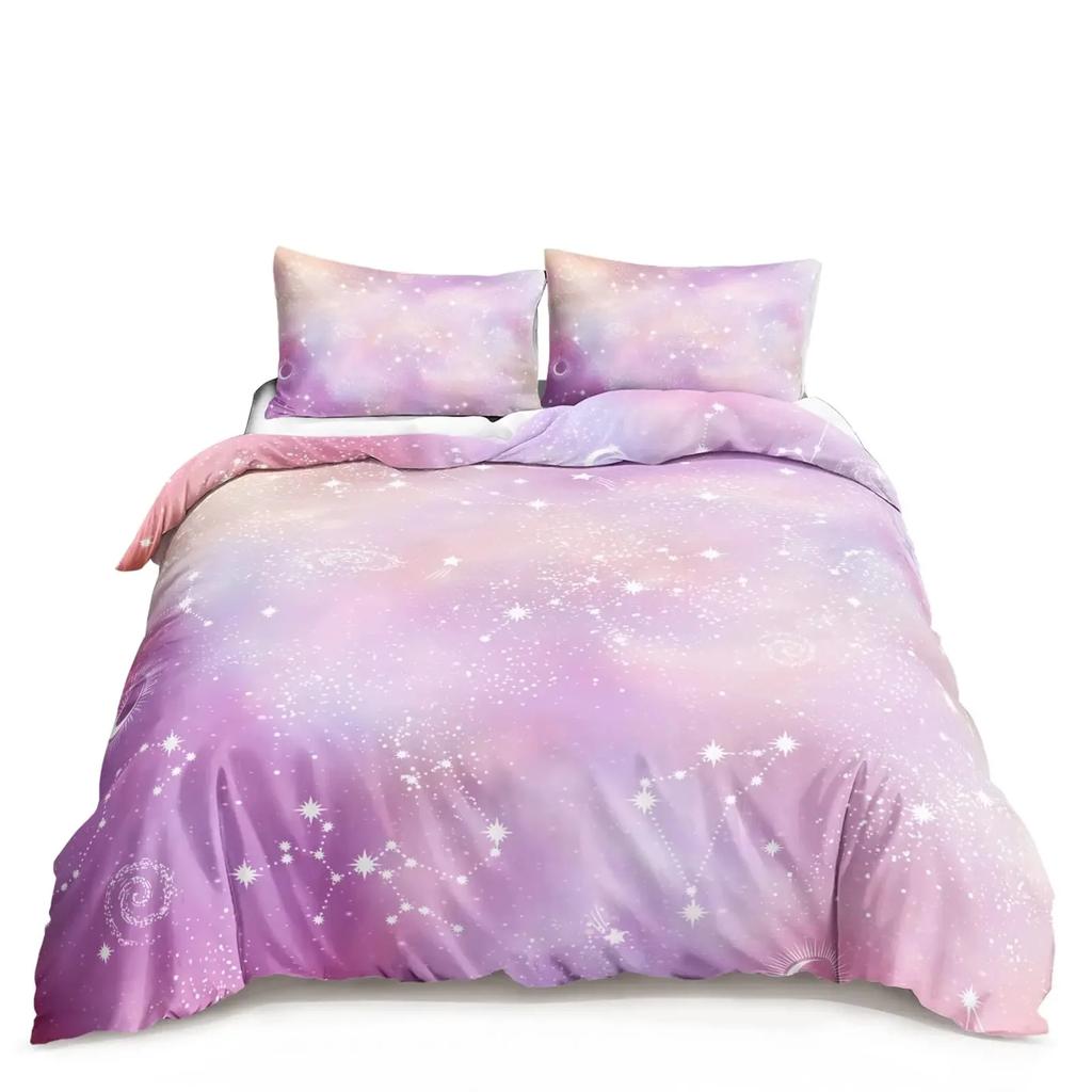 Kawaii Moon Starry Night Sky Duvet Cover Set Blue Pink Purple Star Galaxy Bedding Sets Full Size for Boys Girls Comforter Cover