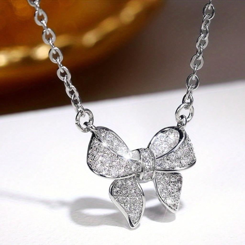 1pc Women's Elegant Bow Synthetic Zircon Pendant Necklace, Engagement Necklace, Women's Wedding Anniversary Jewelry Accessories