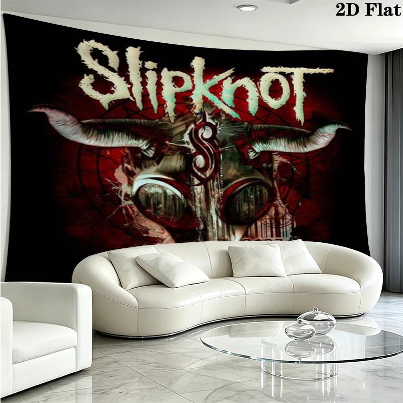Slipknot Cartoon Masked Members Tapestry, Red Background Band Portrait Wall Hanging for Rock Fans