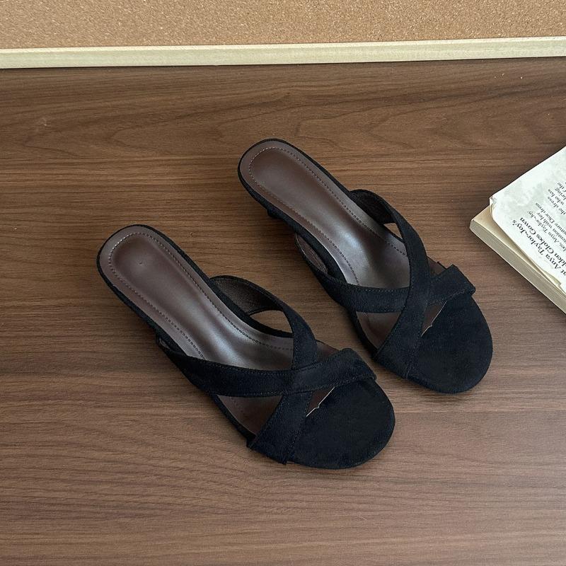Fashion Minimalist Sheep Suede Cross Strap Sandal Slippers Women's Summer New Outside Wear Round Toe Open Toe Medium Heel Flip-Flops