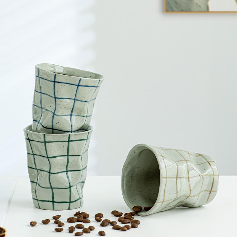 Japanese Handmade Rough Pottery Mugs Retro Plaid Fold Ceramics Coffee Cups Household Restaurant Milk Juice Cereal Breakfast Cups