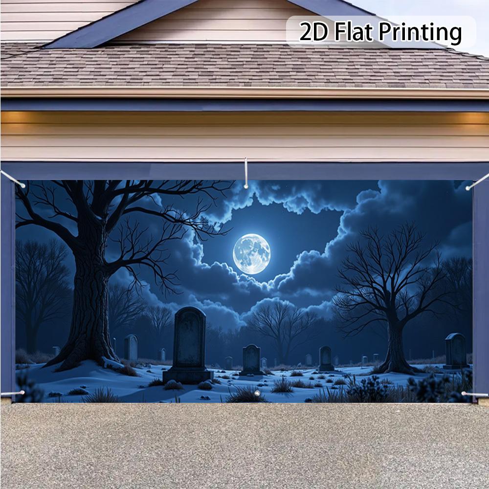 1pc Horror Cemetery Halloween Night Garage Door Cover with Tombstone  Full Moon and Haunted House Design - Easy to Install