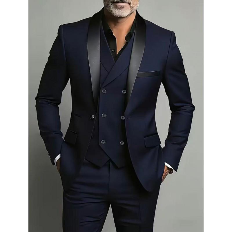 Mens Slim Fit 3-Piece Suit Set With Shawl Lapel Double Vent Tuxedo Wedding Groom Groomsman Formal Event