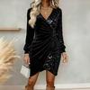 Vestito Mini da Donna in Velluto con Paillettes Avvolgente Manica Lunga Scollo a V Rucher Bodycon Vestito Scintillante per Festa Cocktail Club