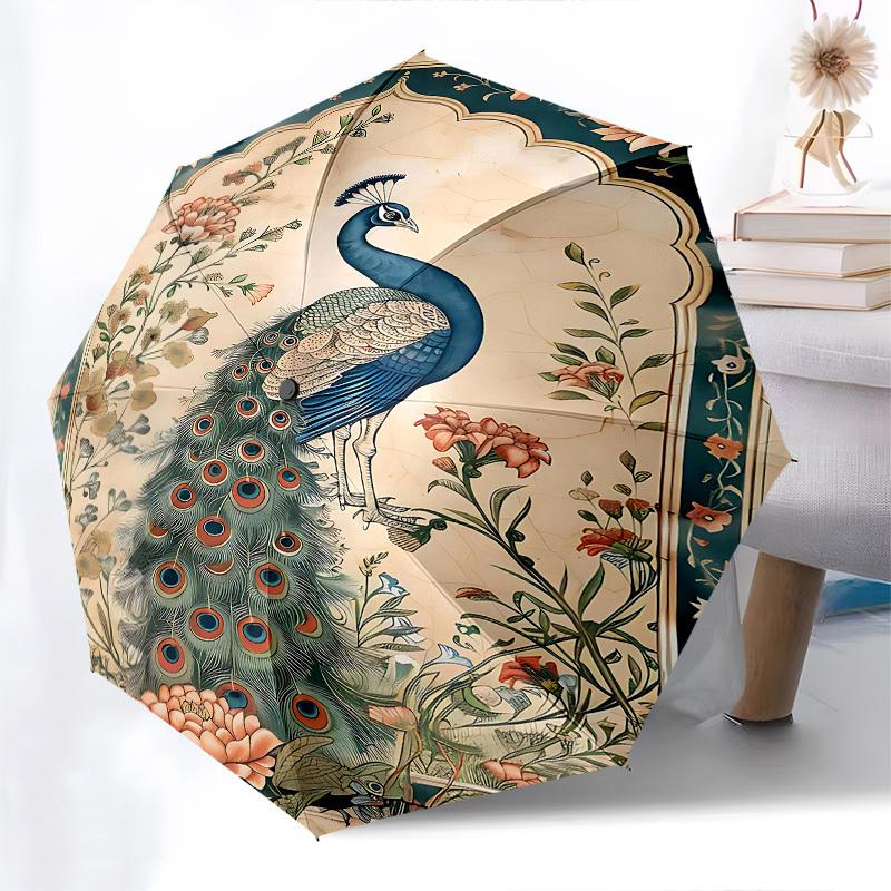 1pc peacock flowers umbrella with 8 iron ribs and a plastic handle, automatic opening and closing, and daily use.1109