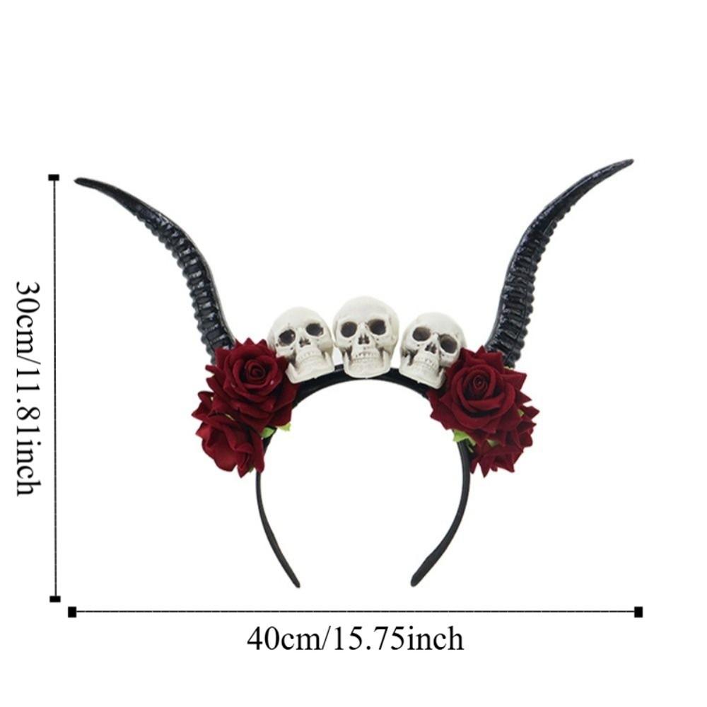 Flower Crown Halloween Ox Horns Headband Skull Gothic Style Sheep Horn Hairband Fashion with Neckband Red Rose Headband Cosplay
