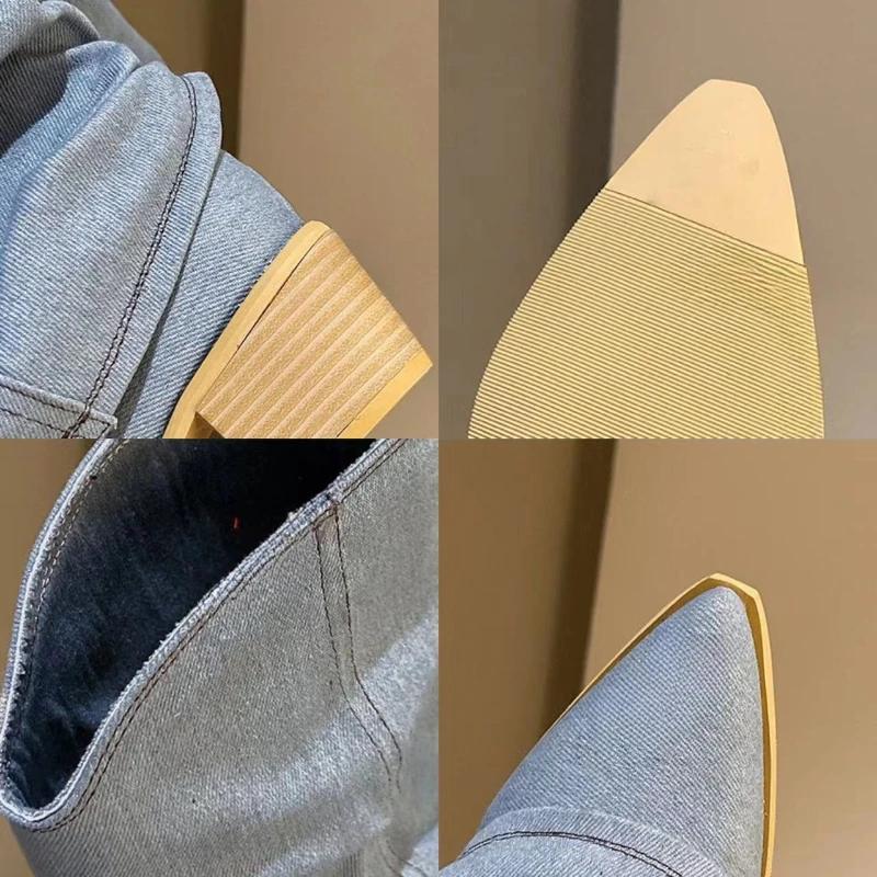 Fashion Pleated Blue Denim Boots Fashionable Women's Chelsea Boots Autumn Winter Mid-heeled Boots 2025 New Women Shoes Botas Altas Mujer
