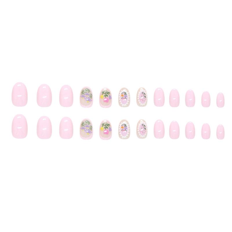 24Pcs Almond Press On Nail Flower French Fake Nail Acrylic False Nail,Artificial Nail Glues On Nail for Womens Girls