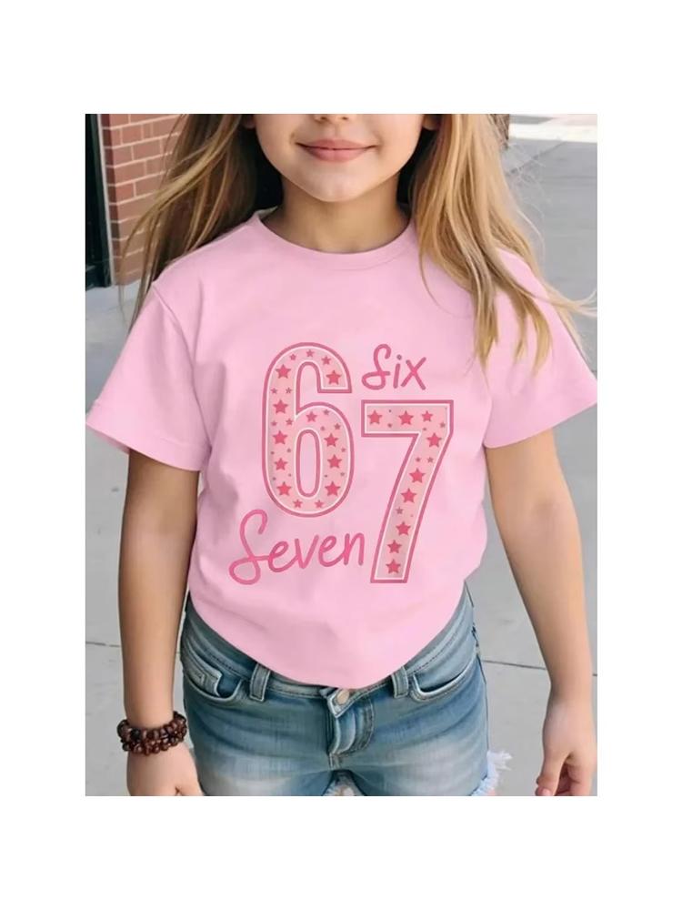 Girls Cute Star Pattern Number 67 Print Short Sleeve Tee Breathable Cotton Perfect for Birthday Daily Outfitstk0058