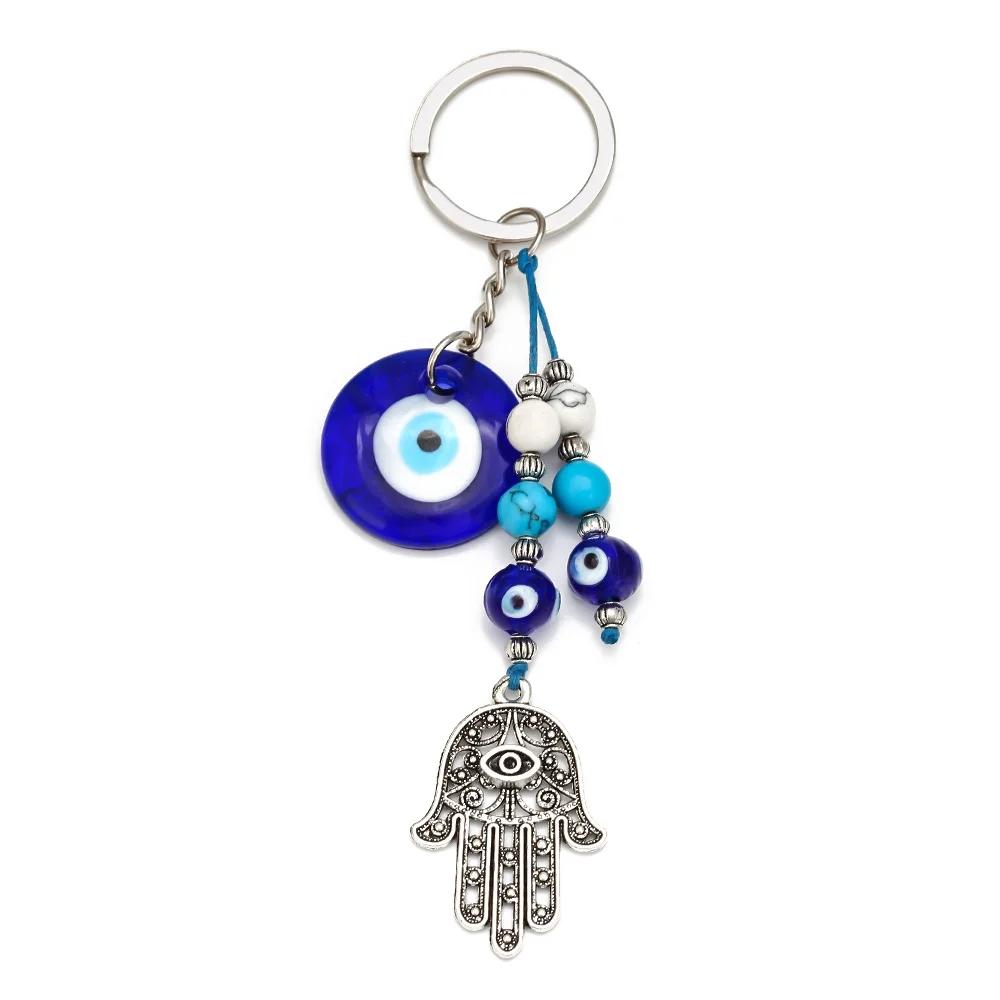 Lucky Eye Alloy Fatima Hand Elephant Owl Tree of Life Keychain Blue Turkish Evil Eye Key Chain Car Keyring for Women Men Jewelry