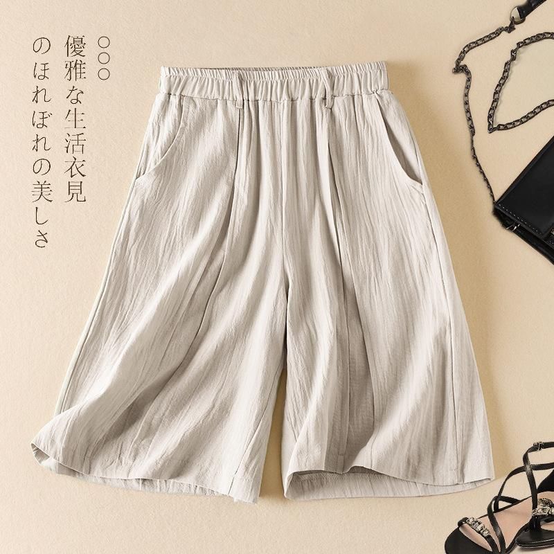 Real shot summer new cotton and linen high waist casual and thin solid color wide leg five-point medium pants women